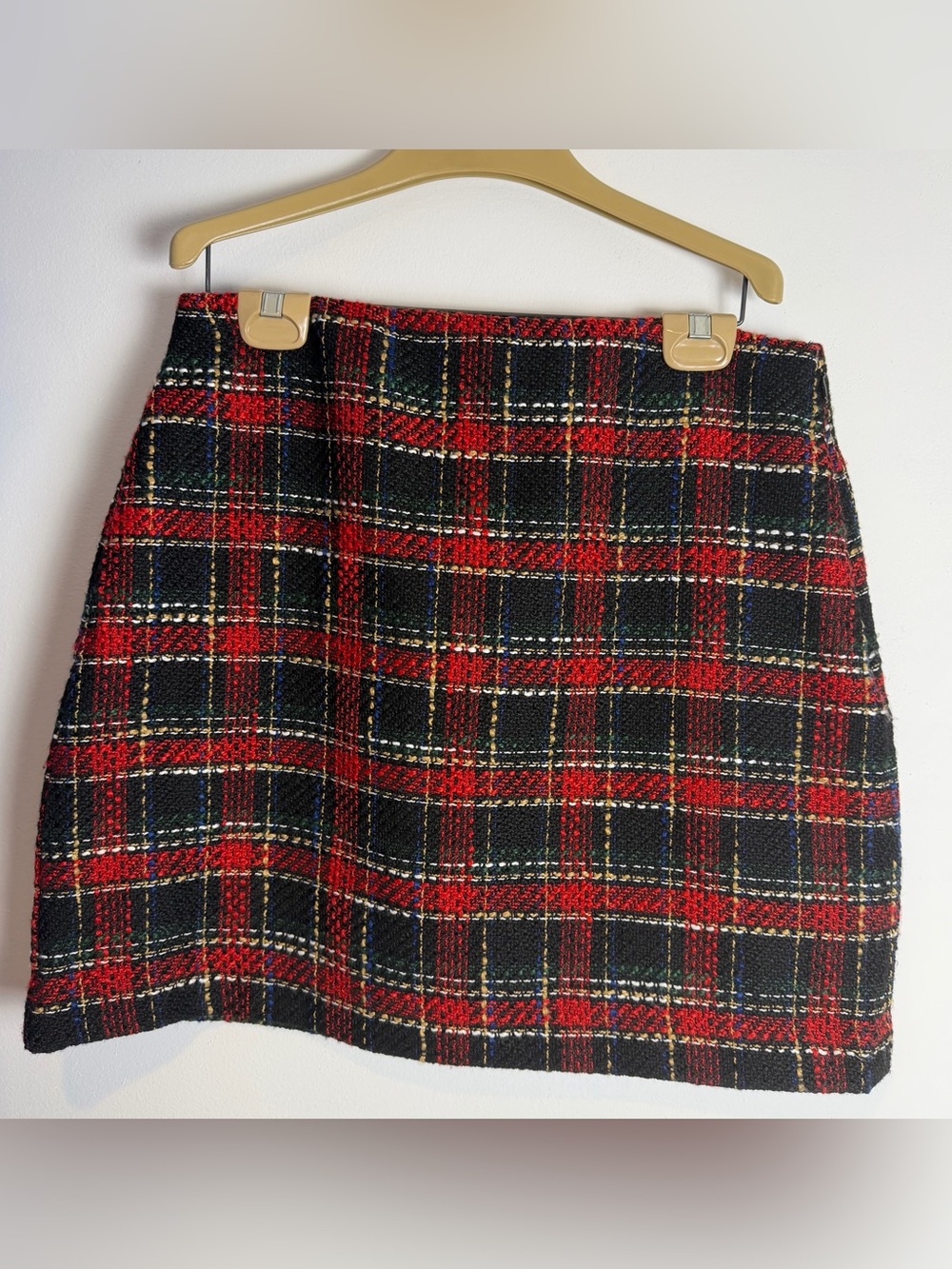 LOFT Red and Black Plaid Tweed Mini Skirt